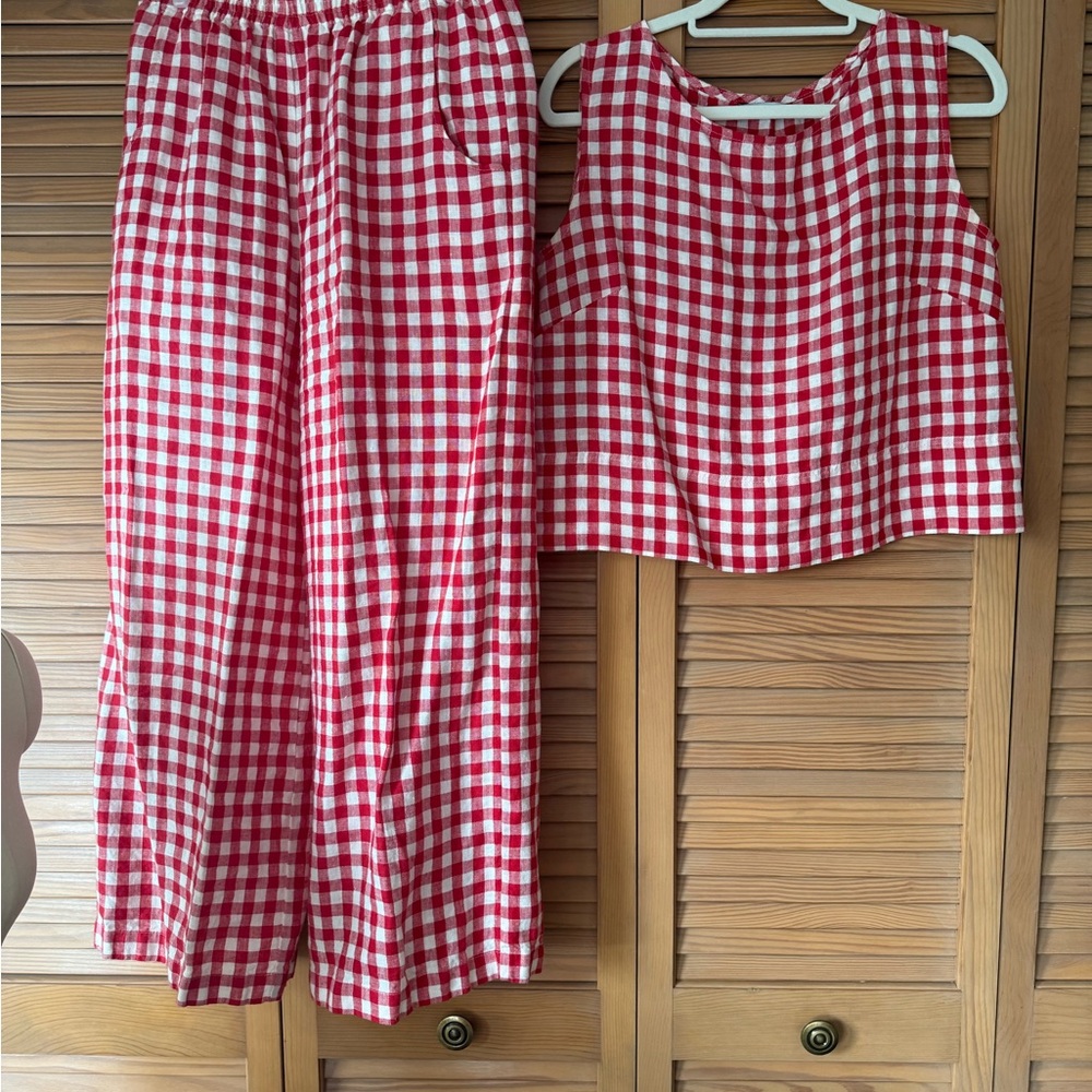 Red Gingham Wide Leg Pants - Women's Two-Piece Set